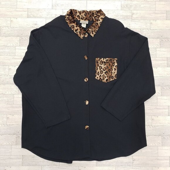 VTG 90s Fashion Bug 22/24W Ribbed Cardigan Shacket Animal Print Trim Black NEW - Picture 5 of 12